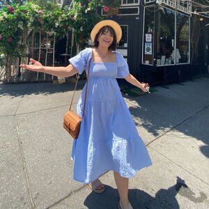 FREE SHIPPING Women's Summer Polyester Plaid Puff Sleeves Off-Shoulder Boho Midi